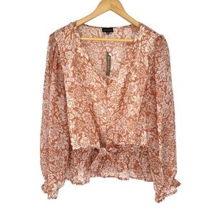 Zenobia Burnt Sienna Floral Blouse sz 2X Ruffle Cuff Tie Waist NWT Long Sleeves